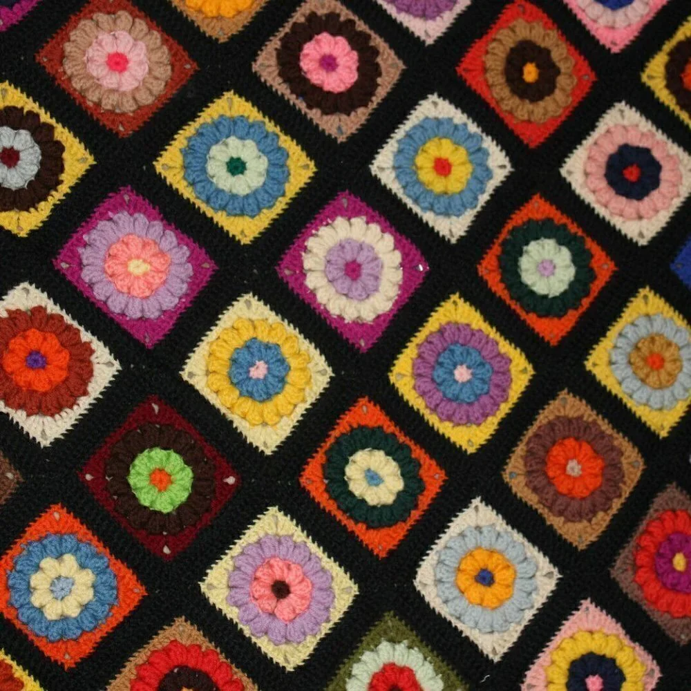 1960's 3D Flower Floral Afghan Granny Multicolor Crochet Blanket Handmade 62x78